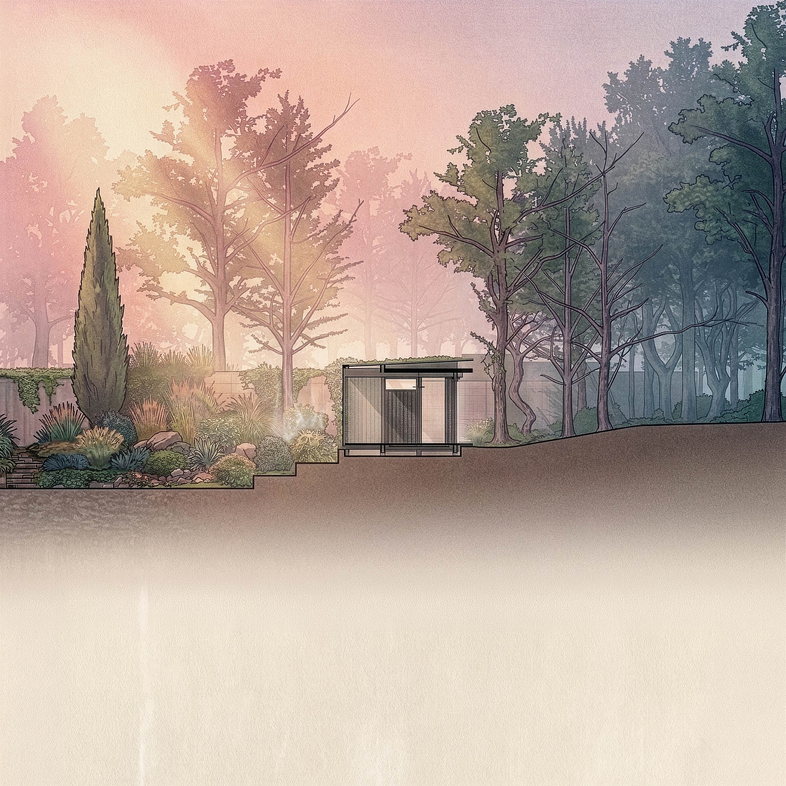 Conceptual proposed section-elevation view, inspired by the drawings of Hiroshi Yoshida